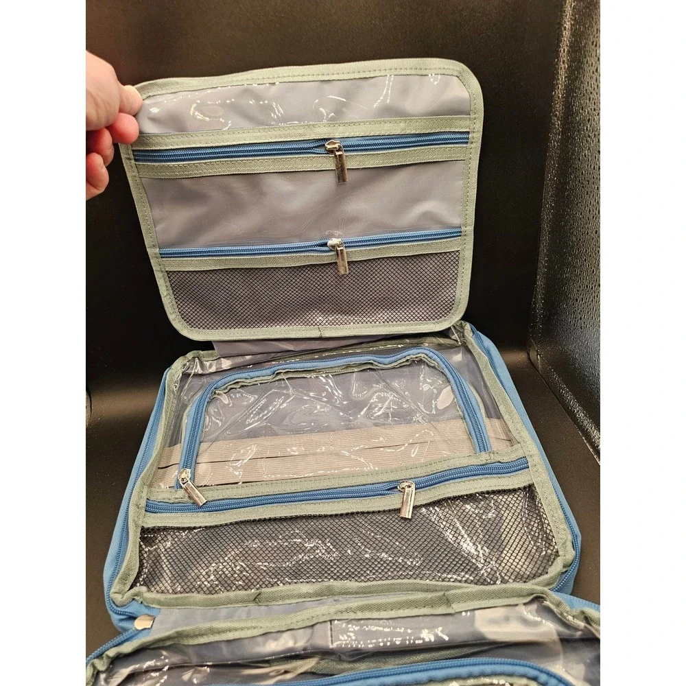 LOULU Hanging Travel Toiletry Bag Organizer Light Blue Canvas Cosmetic Case